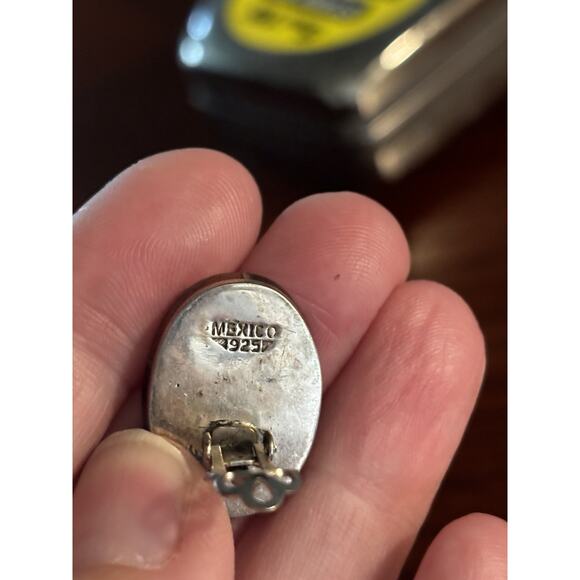 Vintage Taxco Mexico Sterling Silver Onyx Mahogany Obsidian Oval Clip Earrings - Picture 4 of 6